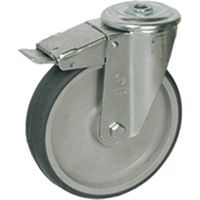 Thermoplastische Gummi-Räder, Polypropylenkern, Lenkgehäuse NL mit Rückenloch mit Feststeller im Nachlauf Thermoplastische Gummi-Räder, Polypropylenkern, Lenkgehäuse NL mit Rückenloch mit Feststeller im Nachlauf