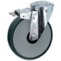 Thermoplastische Gummi-Räder, Polypropylenkern, Lenkgehäuse NLX mit Rückenloch mit Feststeller im Nachlauf Thermoplastische Gummi-Räder, Polypropylenkern, Lenkgehäuse NLX mit Rückenloch mit Feststeller im Nachlauf