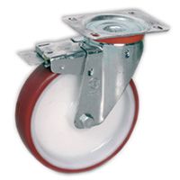 Räder aus gespritztem Polyurethan PUR TPU 60D, Kern aus Polyamid PA 6, Lenkrolle mit Platte NL, Vorderbremse Räder aus gespritztem Polyurethan PUR TPU 60D, Kern aus Polyamid PA 6, Lenkrolle mit Platte NL, Vorderbremse