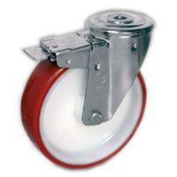 Räder aus gespritztem Polyurethan PUR TPU 60D, Kern aus Polyamid PA 6, Lenkrolle mit durchgehender Bohrung NL, Vorderbremse Räder aus gespritztem Polyurethan PUR TPU 60D, Kern aus Polyamid PA 6, Lenkrolle mit durchgehender Bohrung NL, Vorderbremse