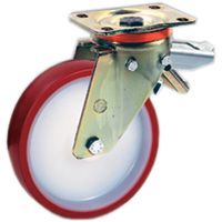 Räder aus gespritztem Polyurethan PUR TPU 60D, Kern aus Polyamid PA 6, Lenkrolle mit Platte P, mit einstellbarer Bremse Räder aus gespritztem Polyurethan PUR TPU 60D, Kern aus Polyamid PA 6, Lenkrolle mit Platte P, mit einstellbarer Bremse