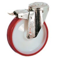 Räder aus gespritztem Polyurethan PUR TPU 60D, Kern aus Polyamid PA 6, Lenkrolle mit durchgehender Bohrung NLX, Vorderbremse Räder aus gespritztem Polyurethan PUR TPU 60D, Kern aus Polyamid PA 6, Lenkrolle mit durchgehender Bohrung NLX, Vorderbremse