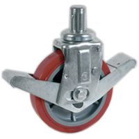 Räder aus gespritztem TPU 60D Polyurethan PUR, Kern aus Polyamid PA 6, Gerüstgehäuse mit Glattzapfen, mit Doppelpedal Räder aus gespritztem TPU 60D Polyurethan PUR, Kern aus Polyamid PA 6, Gerüstgehäuse mit Glattzapfen, mit Doppelpedal